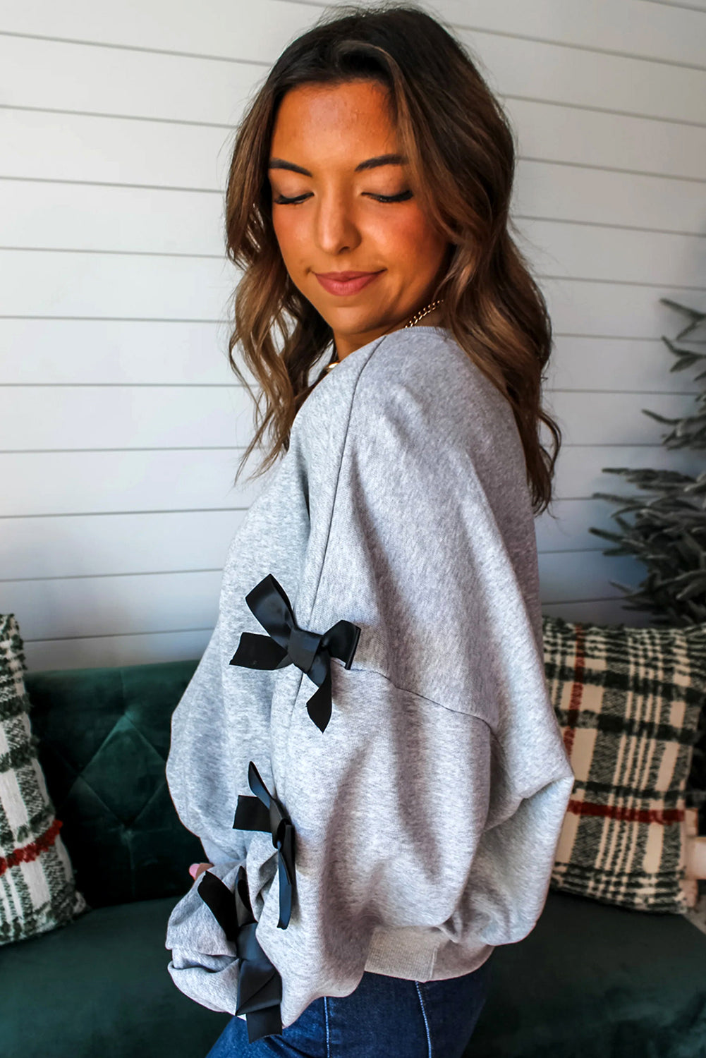 Light Grey Contrast Bow Applique Drop Sleeve Round Neck Sweatshirt Dear-Lover Dropshipping