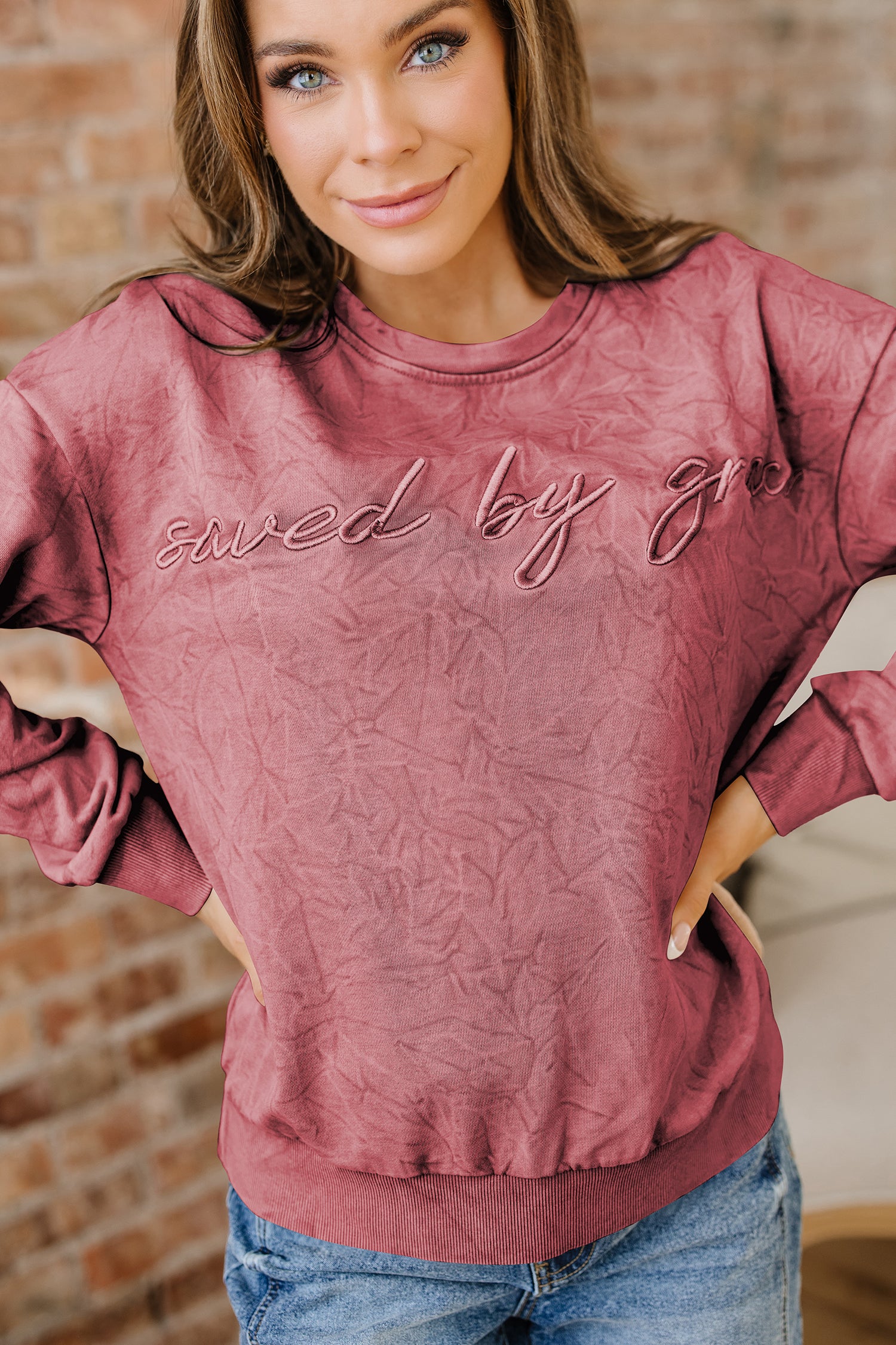 ’Saved By Grace’ Letter Embroidery Mineral Wash Loose Sweatshirt - Tops/Sweatshirts & Hoodies