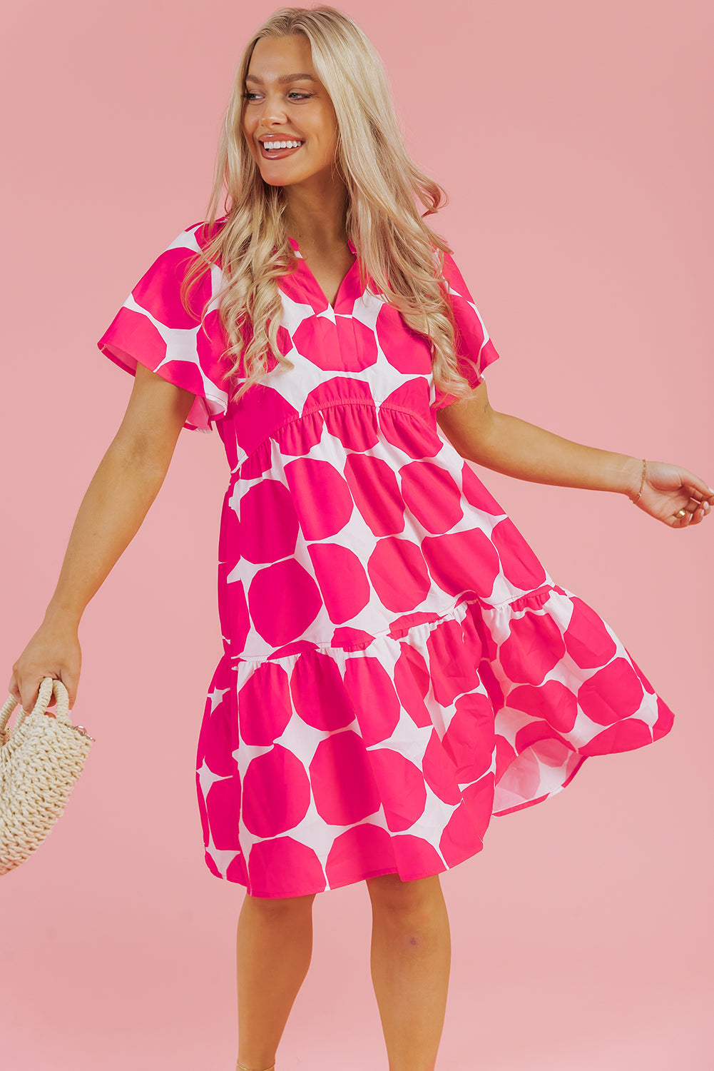 Rose Polka Dot Flutter Sleeve Notched Neck Tiered Flowy Dress - eAura