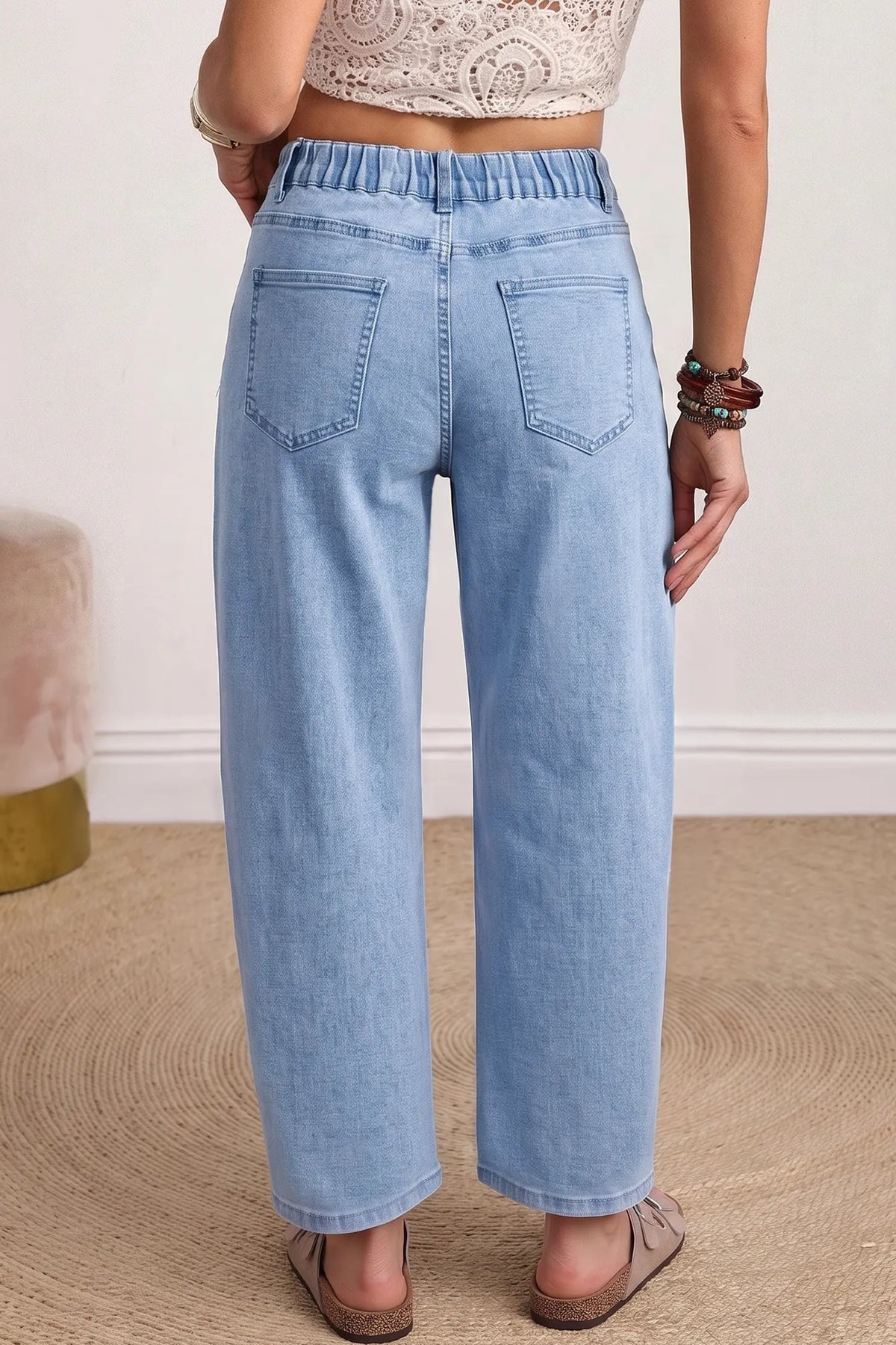 Solid Colour Square Patch Pocket Ankle-length Barrel Jeans – Beau Blue