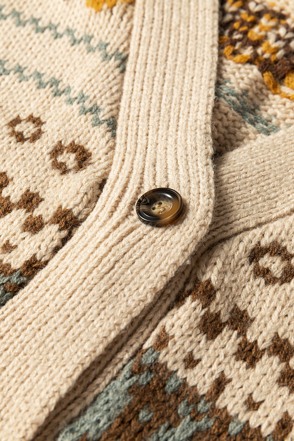 Khaki Western Pattern Knit Button V-Neck Cardigan eAura