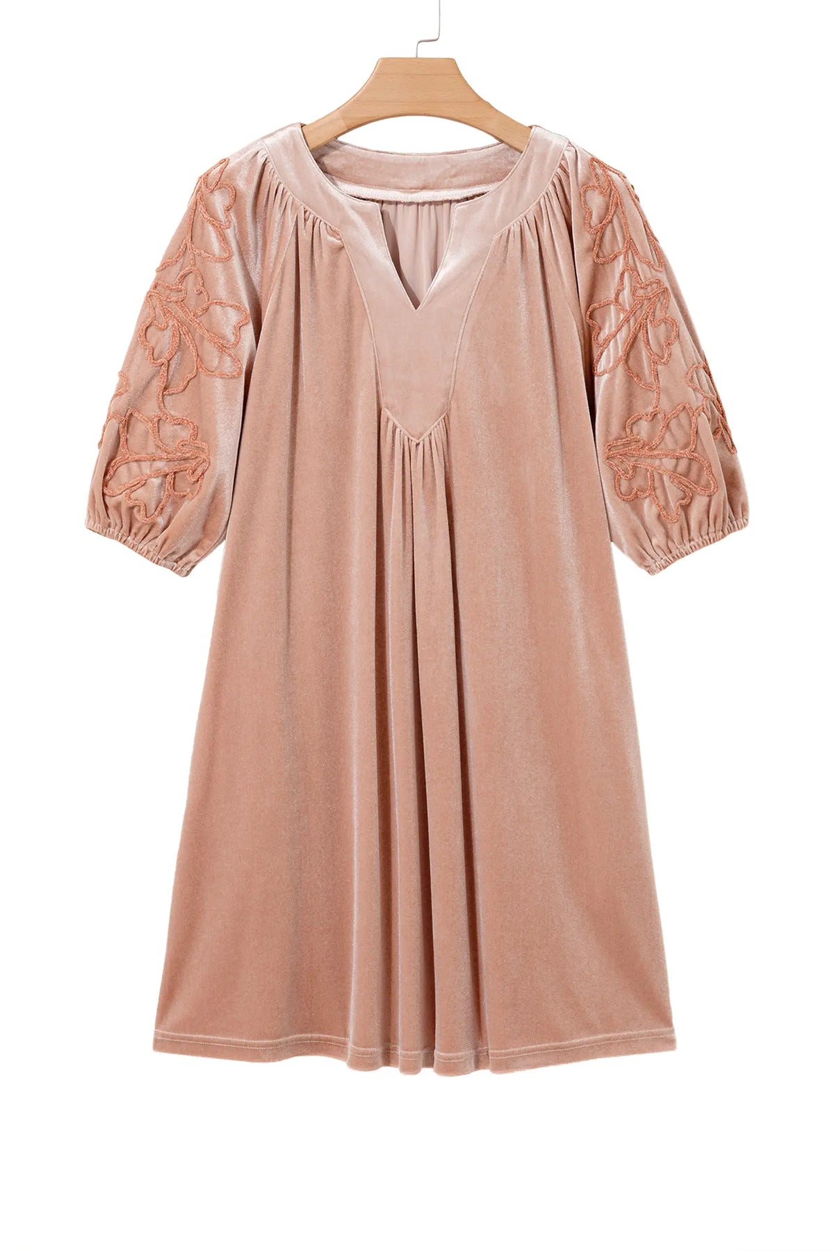 Embroidered Sleeve Velvet Mini Shift Dress – Light French Beige