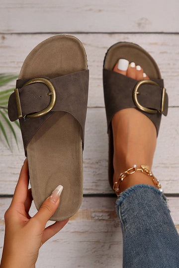 Brown Buckle Decor Faux Suede Thick Sole Sandals