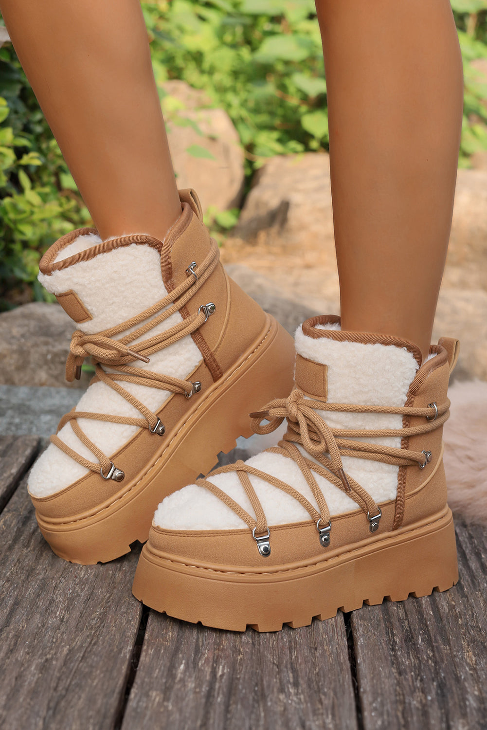 White Sherpa PU Leather Patchwork Lace-up Thick Bottom Snow Boots - eAura