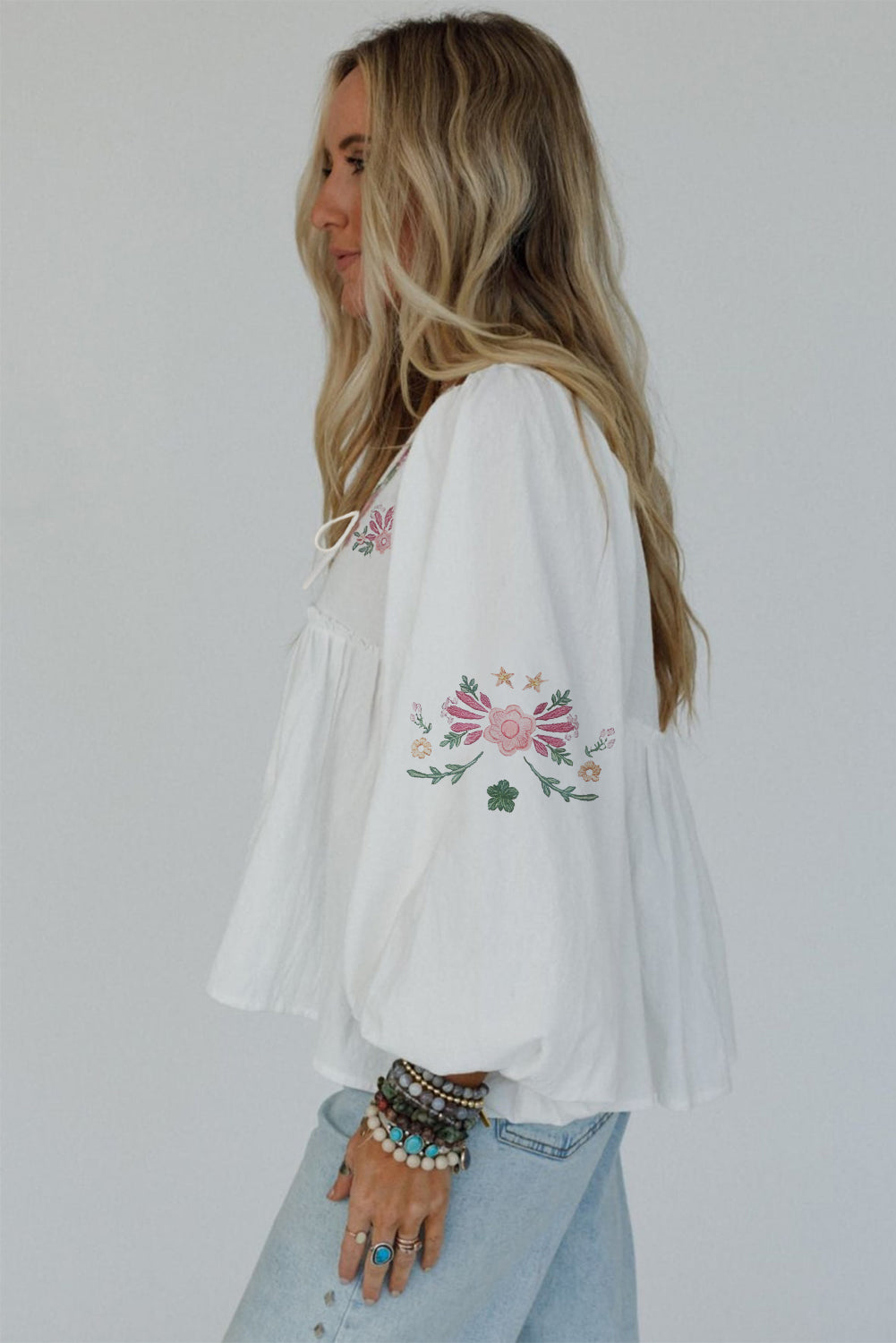 White Flower Lace-up V-Neck Babydoll Blouse eAura