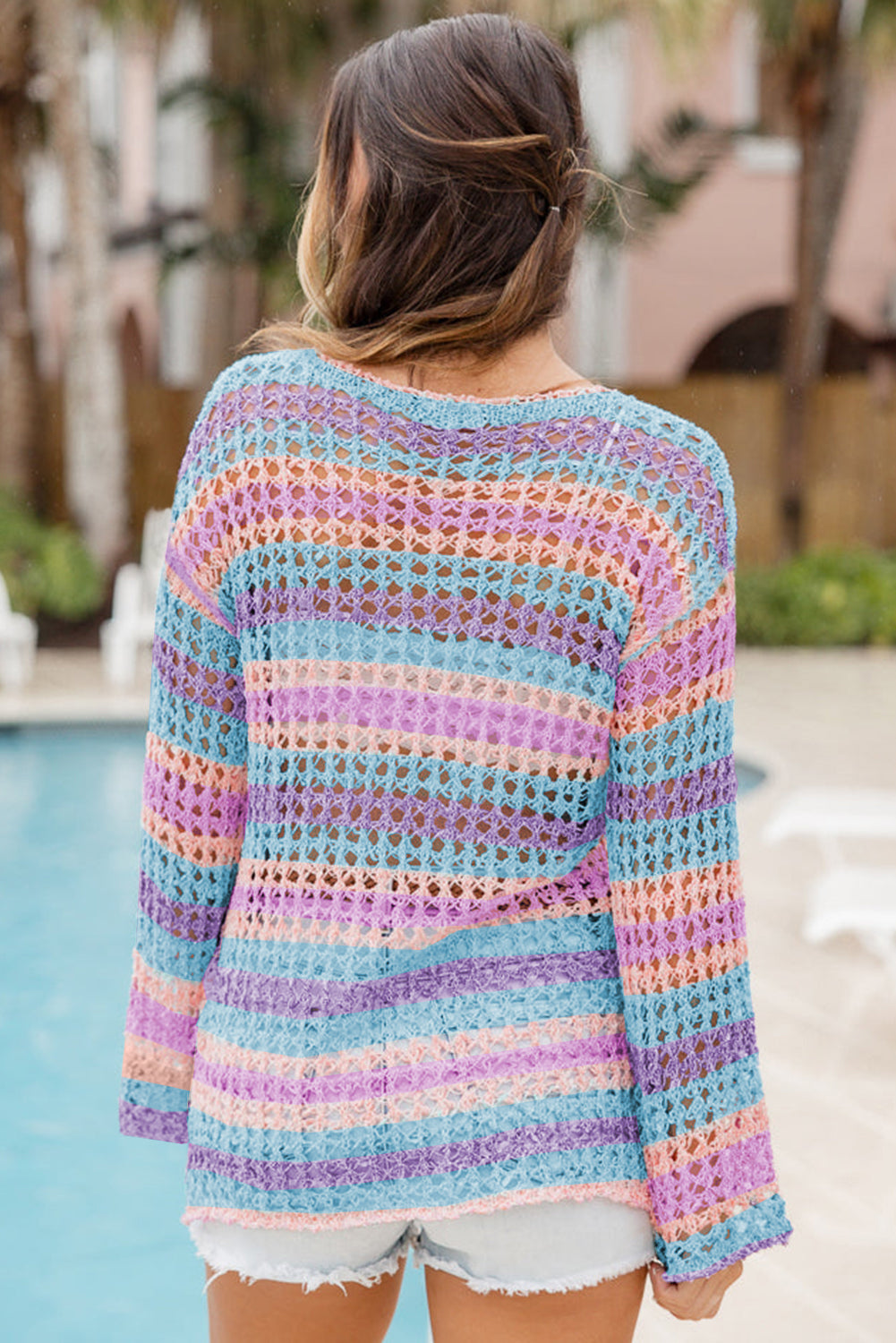 Purple Multi Stripe Open Knit Sweater Beach Cover Up eAura