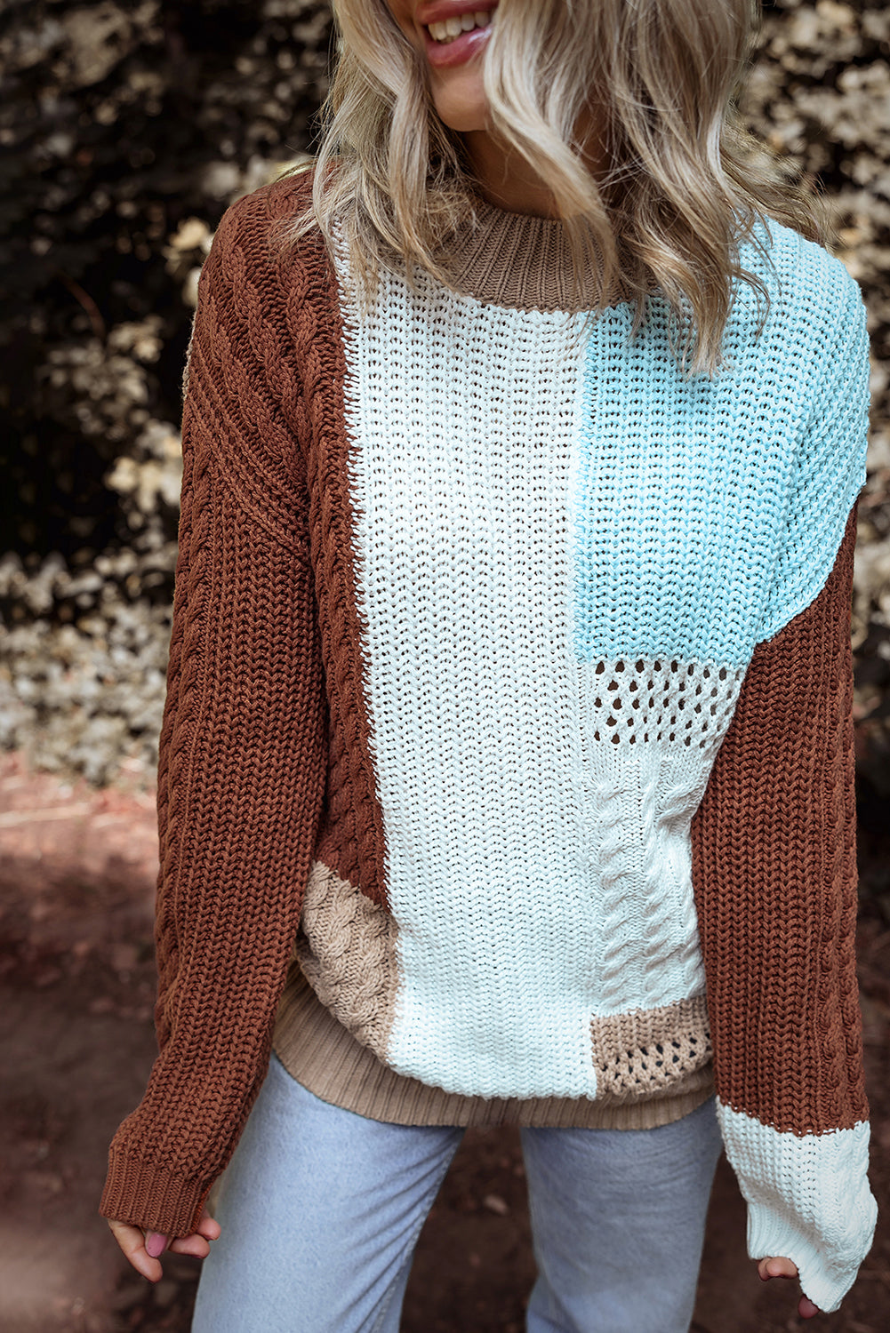 Khaki Mix Textured Knit Colourblock Patchwork Sweater eAura