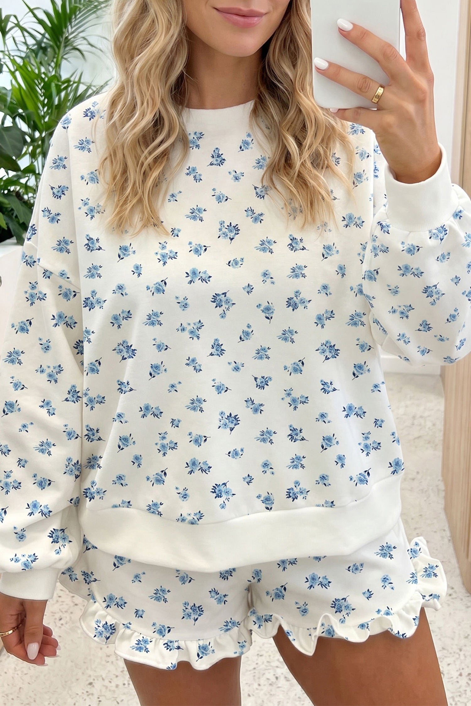 Floral Print Long Sleeve Top Elastic Waist Ruffle Hem Shorts 2pcs Set – Sky Blue
