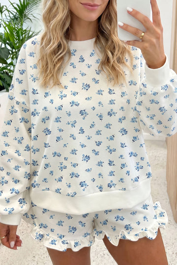 Floral Print Long Sleeve Top Elastic Waist Ruffle Hem Shorts 2pcs Set – Sky Blue