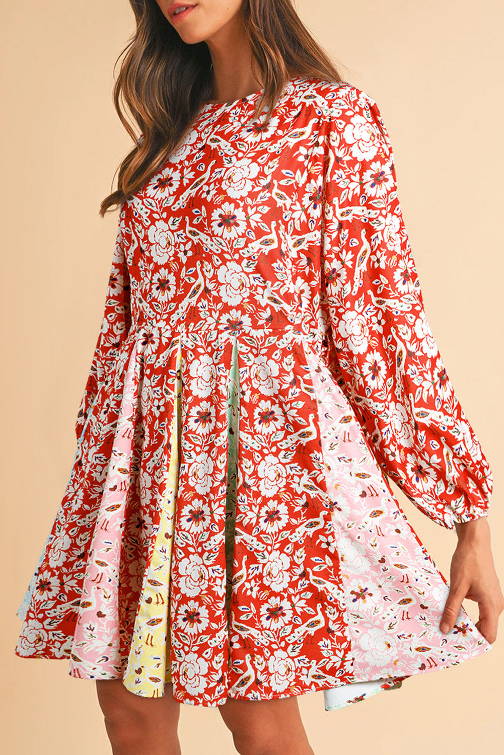 Red Colorful Floral Patchwork Long Sleeve Pleated Mini Dress BB Fashion Outlet