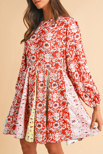 Red Colorful Floral Patchwork Long Sleeve Pleated Mini Dress BB Fashion Outlet