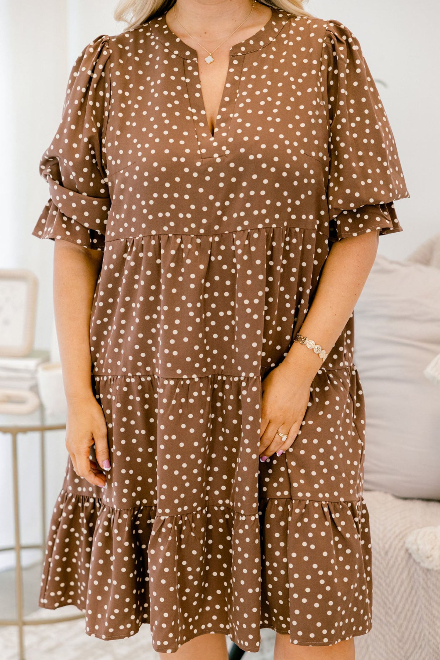 V Neck Polka Dot Long Sleeve Shift Plus Size Dress – Brown