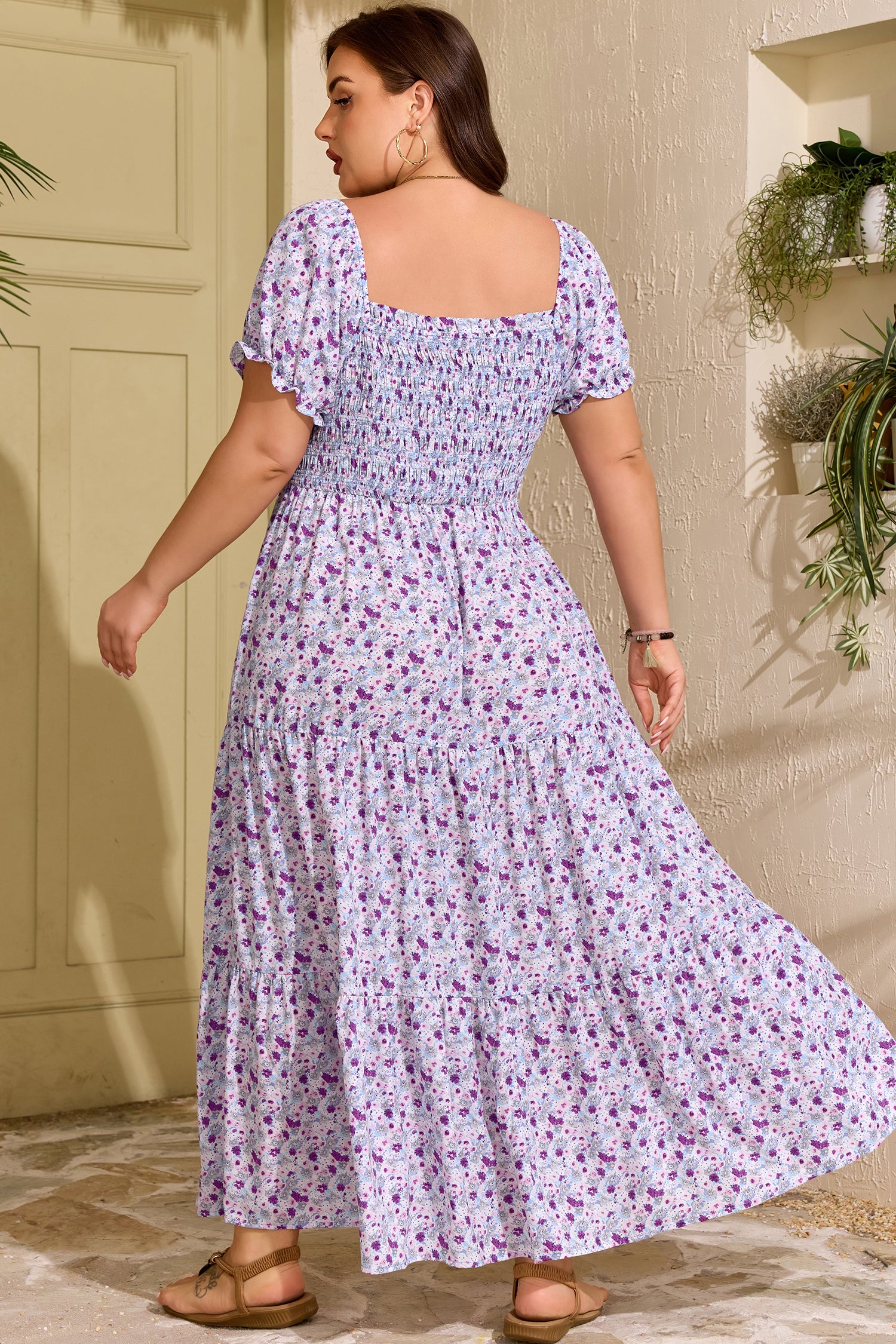 Plus Size Floral Print Square Neck Smocked Maxi Dress – Purple