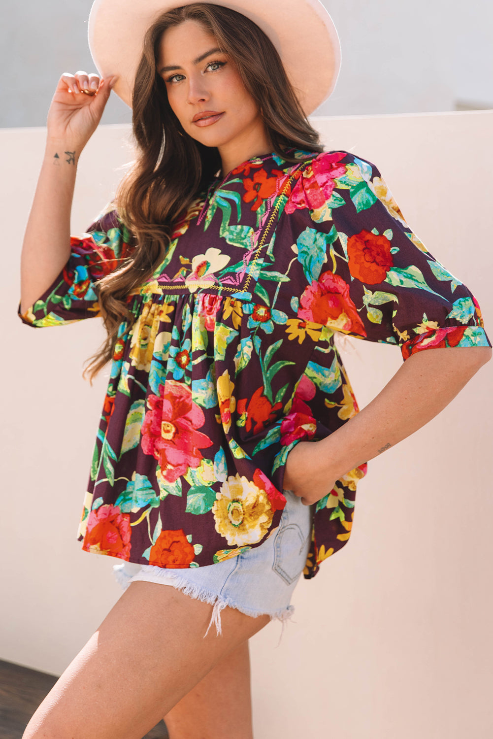 Greyish Purple Rose Flower Embroidered Trim Half Sleeve Blouse eAura
