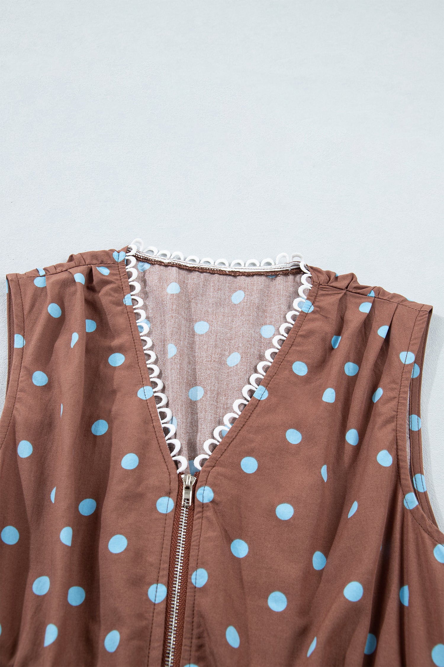 Polka Dot Print Contrast Trim V-Neck Zip Up Sleeveless Dress