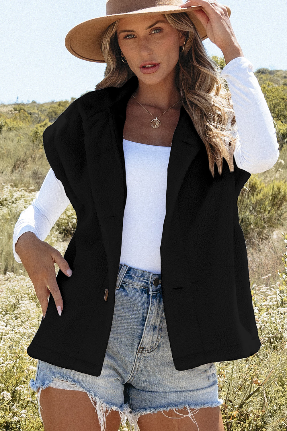 Black Sherpa Stand Collar Jacket Vest Beagle Boutique Fashion Outlet