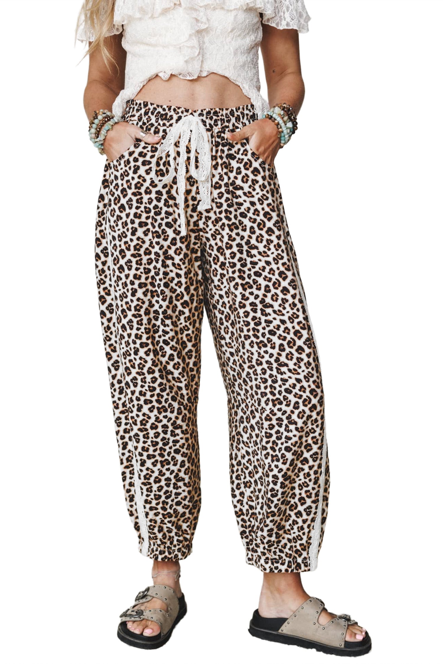 Leopard Print Ankle-Length Elastic Waist Pants – Black