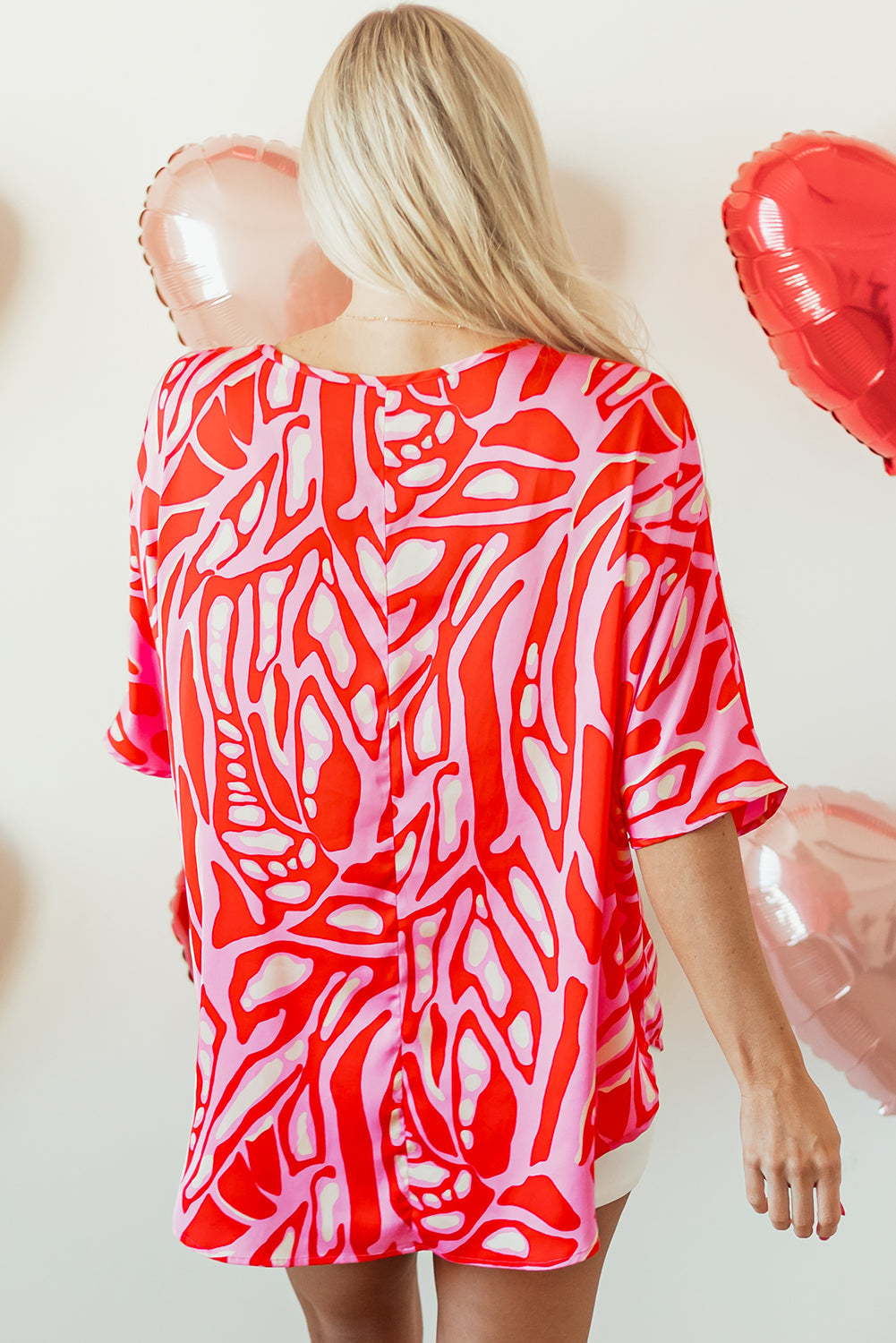 Red Abstract Print V Neck Batwing Sleeve Oversized Blouse eAura