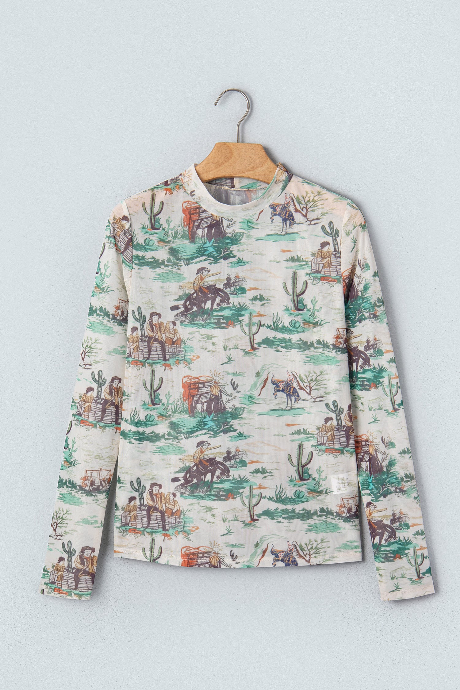 Western Print Long Sleeve Round Neck Slim Top – Green