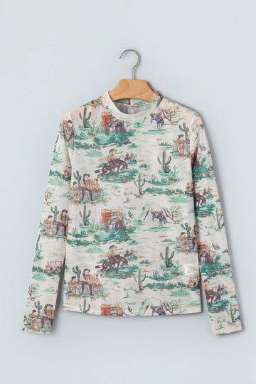 Western Print Long Sleeve Round Neck Slim Top – Green