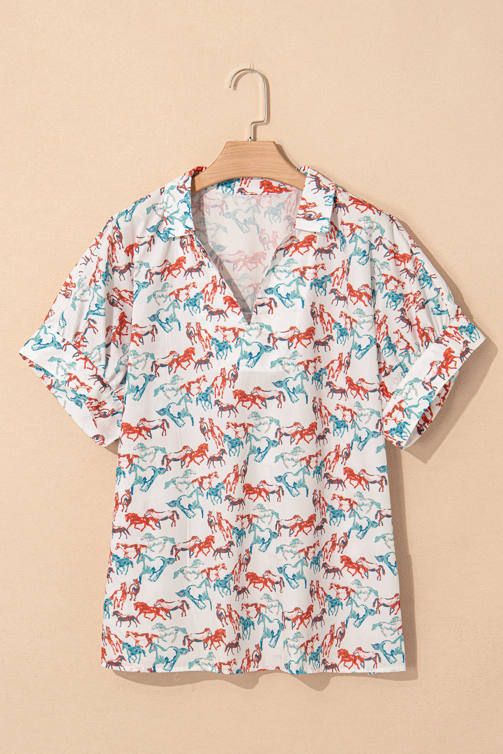 White Horse Galloping Allover Print Split Neck Plus Size Blouse BB Fashion Outlet