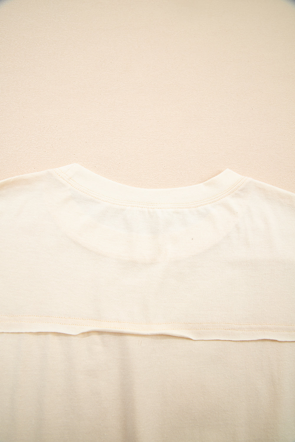 Apricot Flower Patched Exposed Stitching Trim Crew Neck Loose Tee eAura