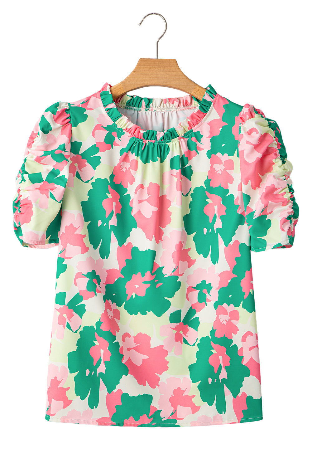 Green Abstract Print Frilly Neck Ruched Short Sleeve Blouse eAura