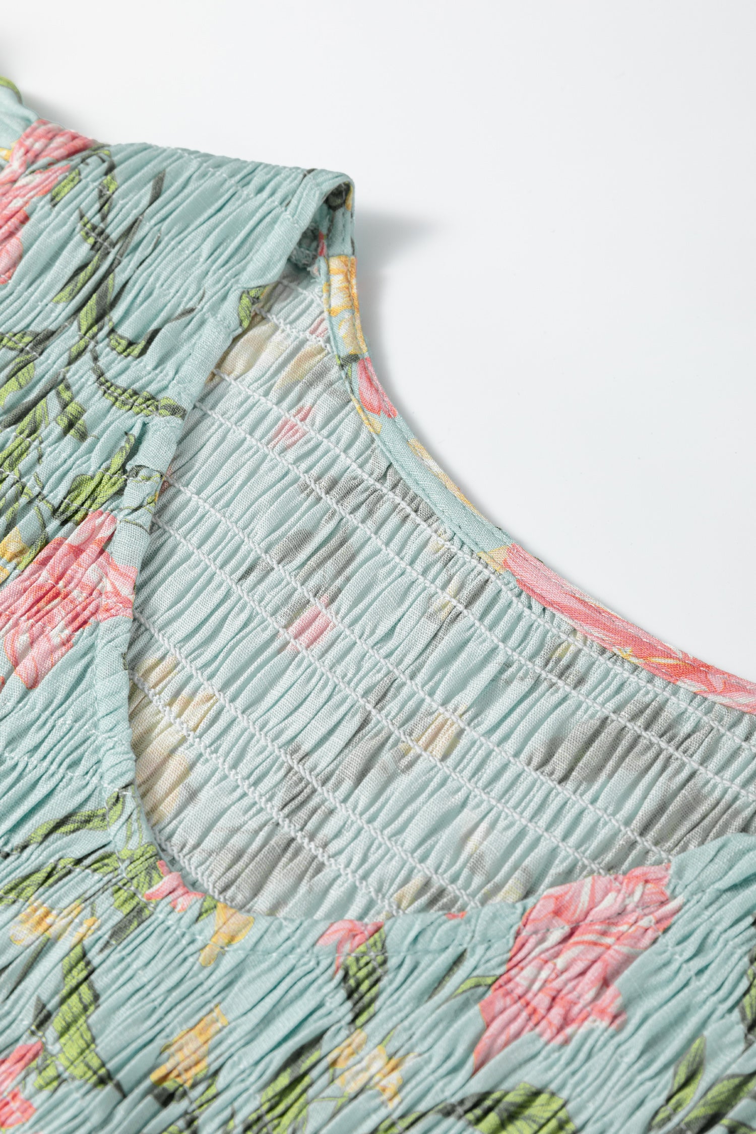 Smocked Shirred Bodice Ruffled Sleeveless Tiered Floral Maxi Dress