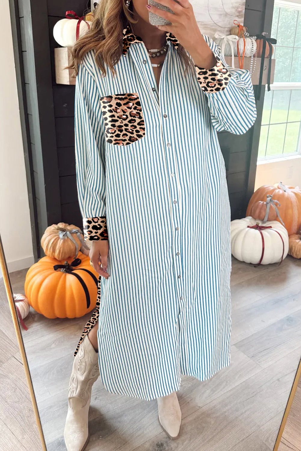 Stripe Contrast Leopard Patchwork Long Shirt Dress with Slits - Blue / S - Dresses/Maxi Dresses