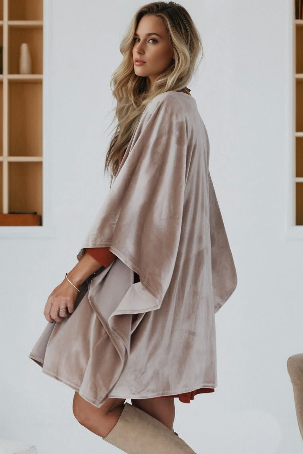 3/4 Sleeve Open Front Velvet Kimono