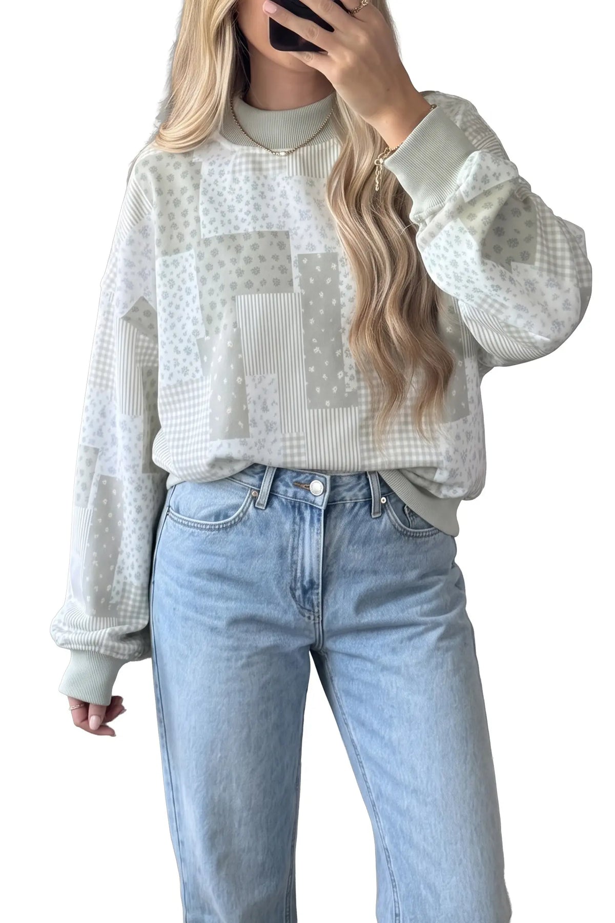 Patchwork Floral Print Mock Neck Long Sleeve Sweatshirt