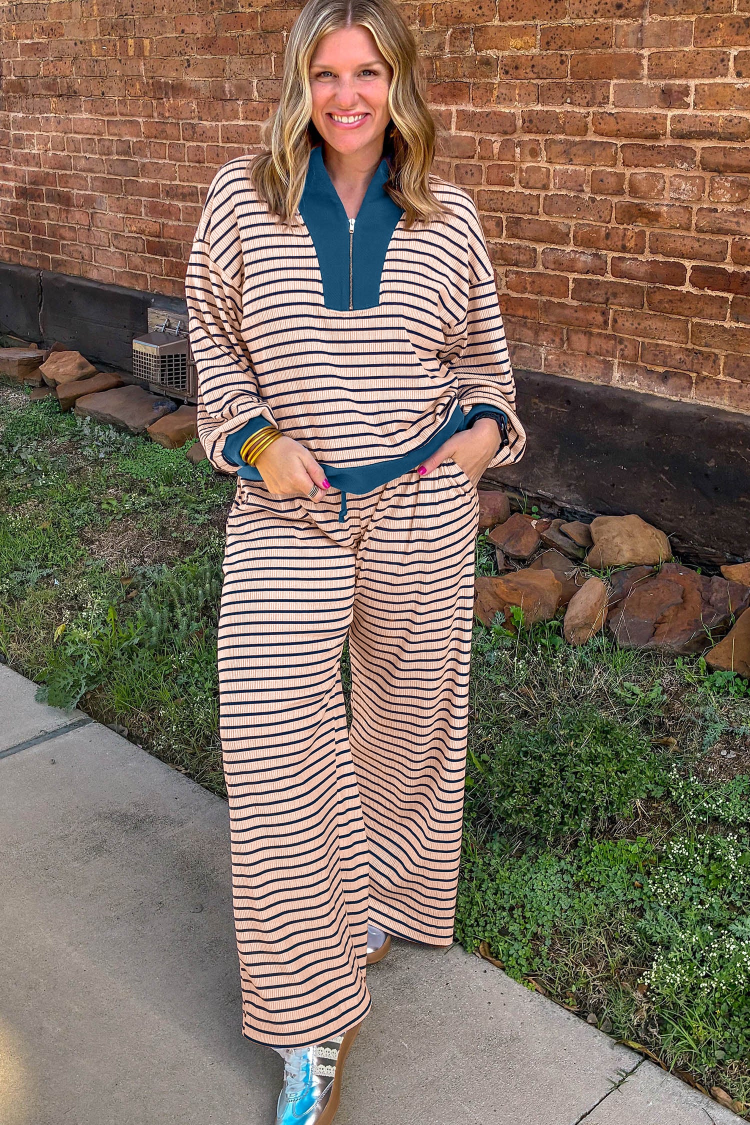 Striped Colorblock V Neck Long Sleeve Plus Size Set – Pink Stripe