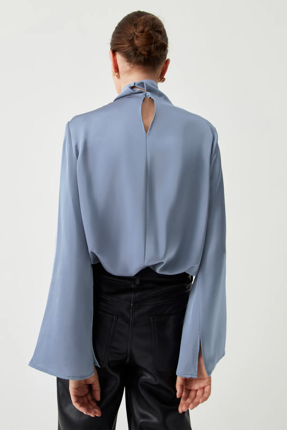 Ivy Asymmetric Pleated Turtleneck Bell Sleeve Blouse eAura