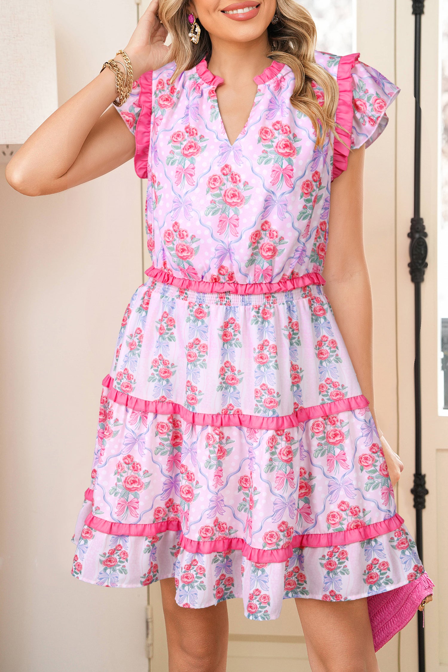 Tiered Ruffle Floral Print Shirred Waist Sleeveless Mini Dress