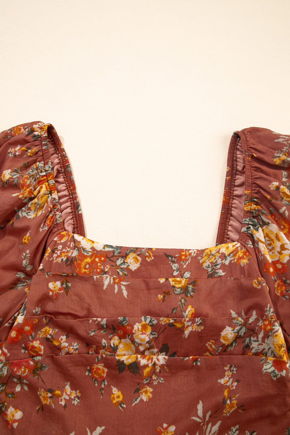 Floral Puff Sleeve Square Neck Knot Open Back Mini Dress eAura