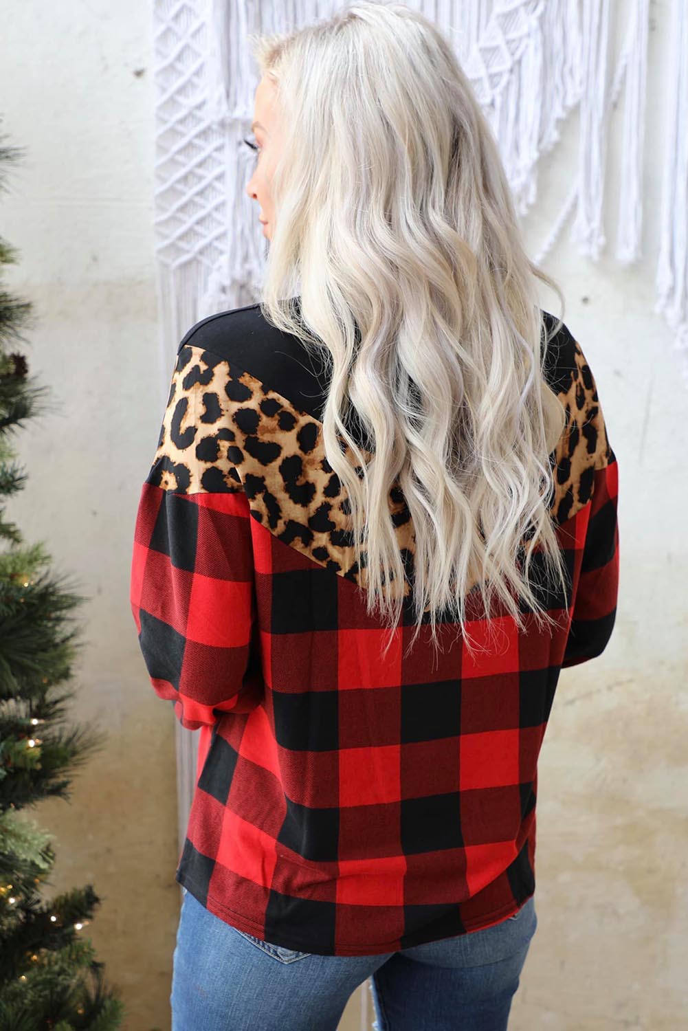 Red Chevron Plaid Leopard Patchwork Turtleneck Sweatshirt eAura