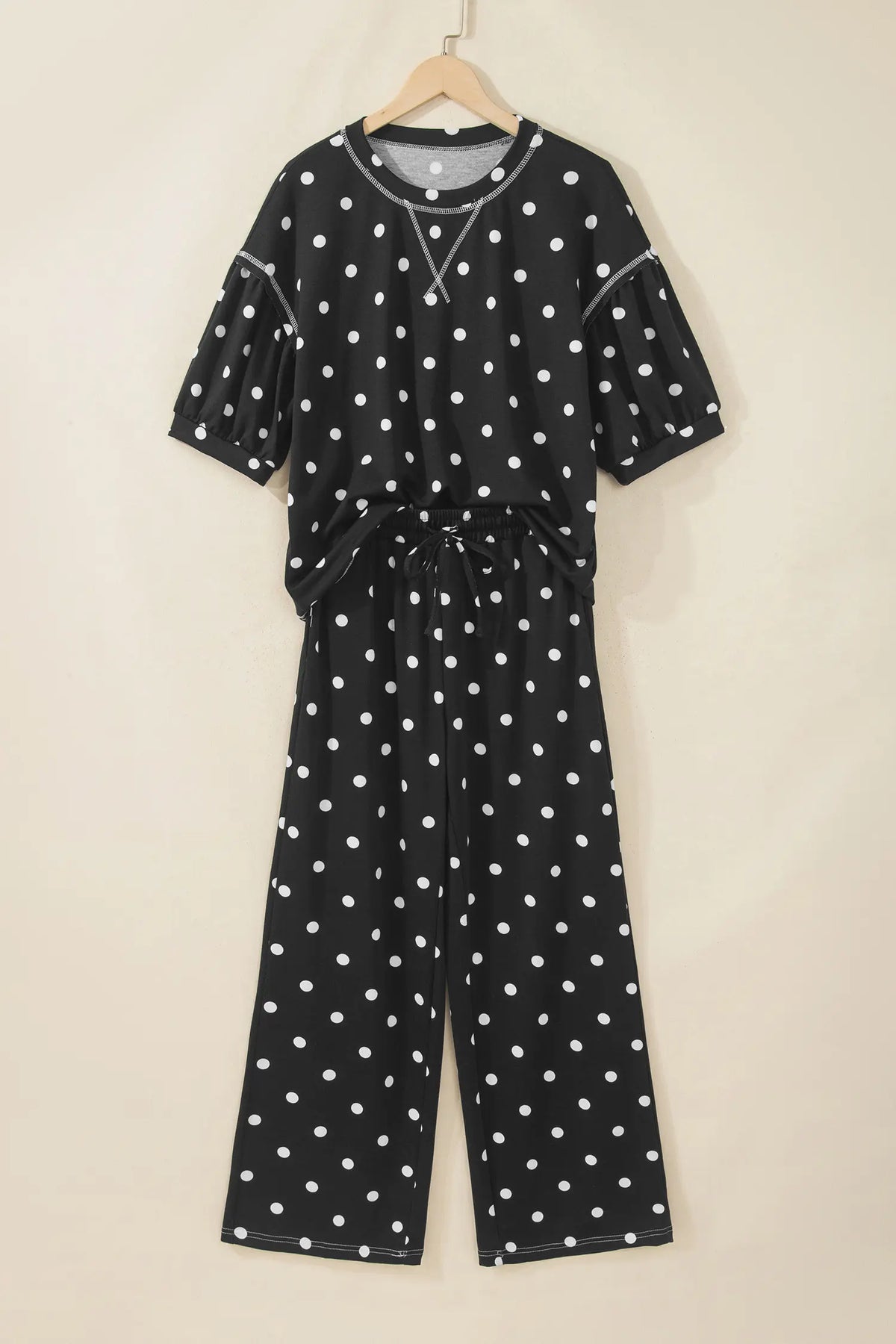 Polka Dot Half Sleeve Loose Top Elastic Waist Casual Pants Set – Beige