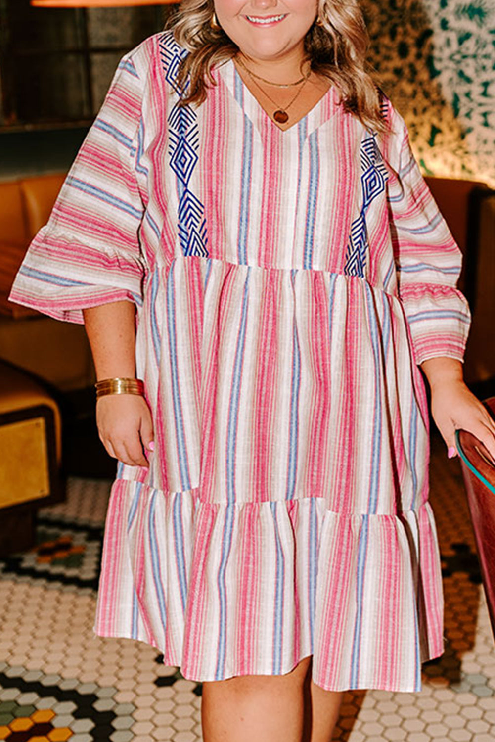 White Stripe Plus Size Embroidered Detail Flared 3/4 Sleeve V Neck Dress BB Fashion Outlet