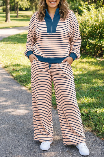 Striped Colorblock V Neck Long Sleeve Plus Size Set – Pink Stripe