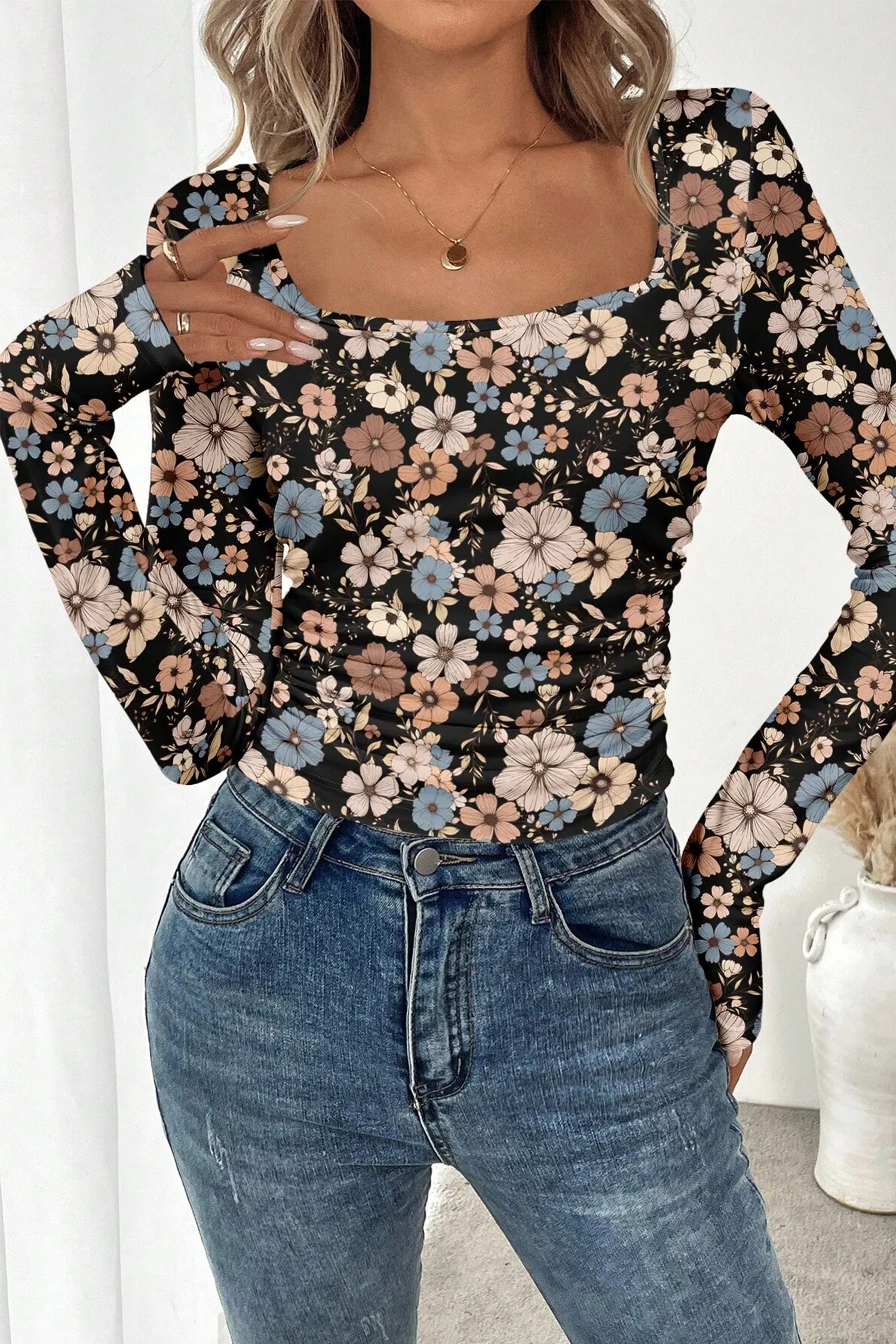 Print Slim Long Sleeve Top - Tops/Long Tops