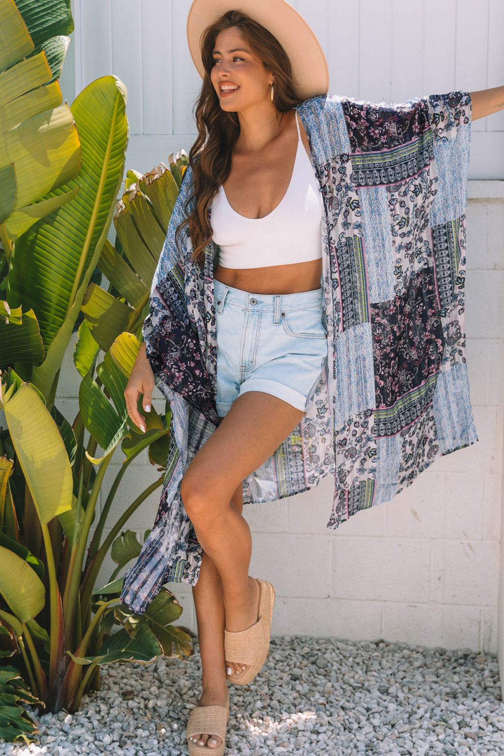 Retro Floral Print Long Loose Open Front Kimono – Blue