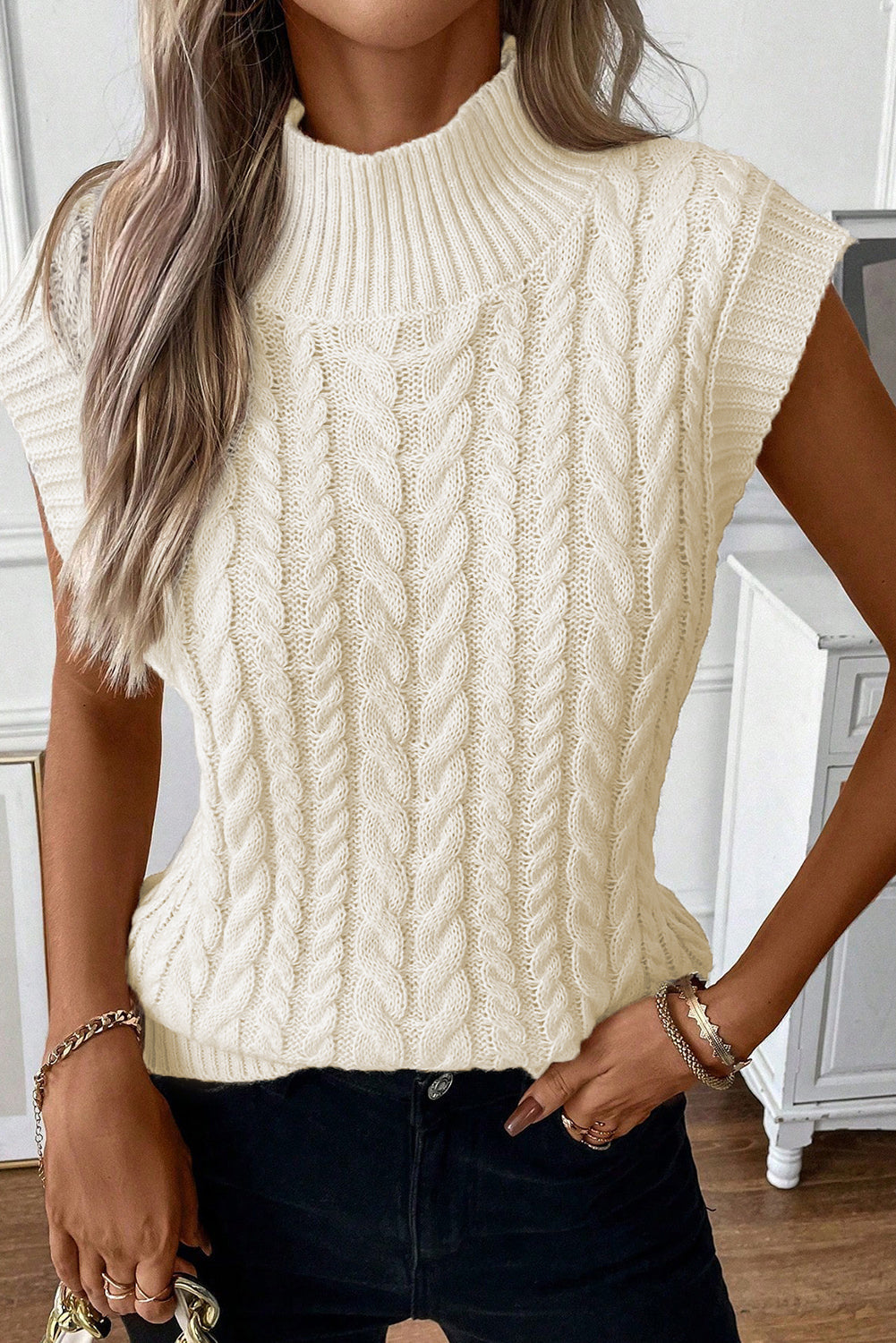 Oatmeal Cable Knit High Neck Sweater Vest eAura