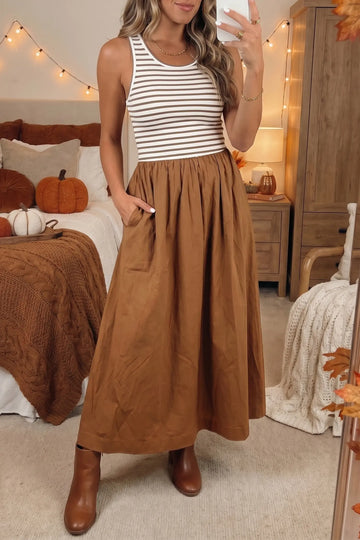 Chestnut Striped Colourblock Patchwork Sleeveless Casual Long Dress – Brown