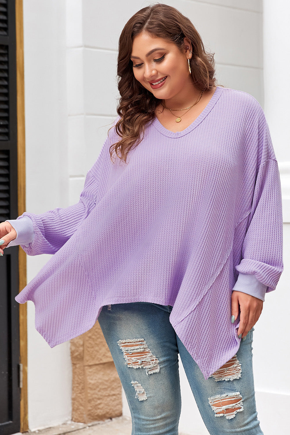 Orchid Petal Plus Size Waffle Knit Exposed Seam Flowy Top BB Fashion Outlet