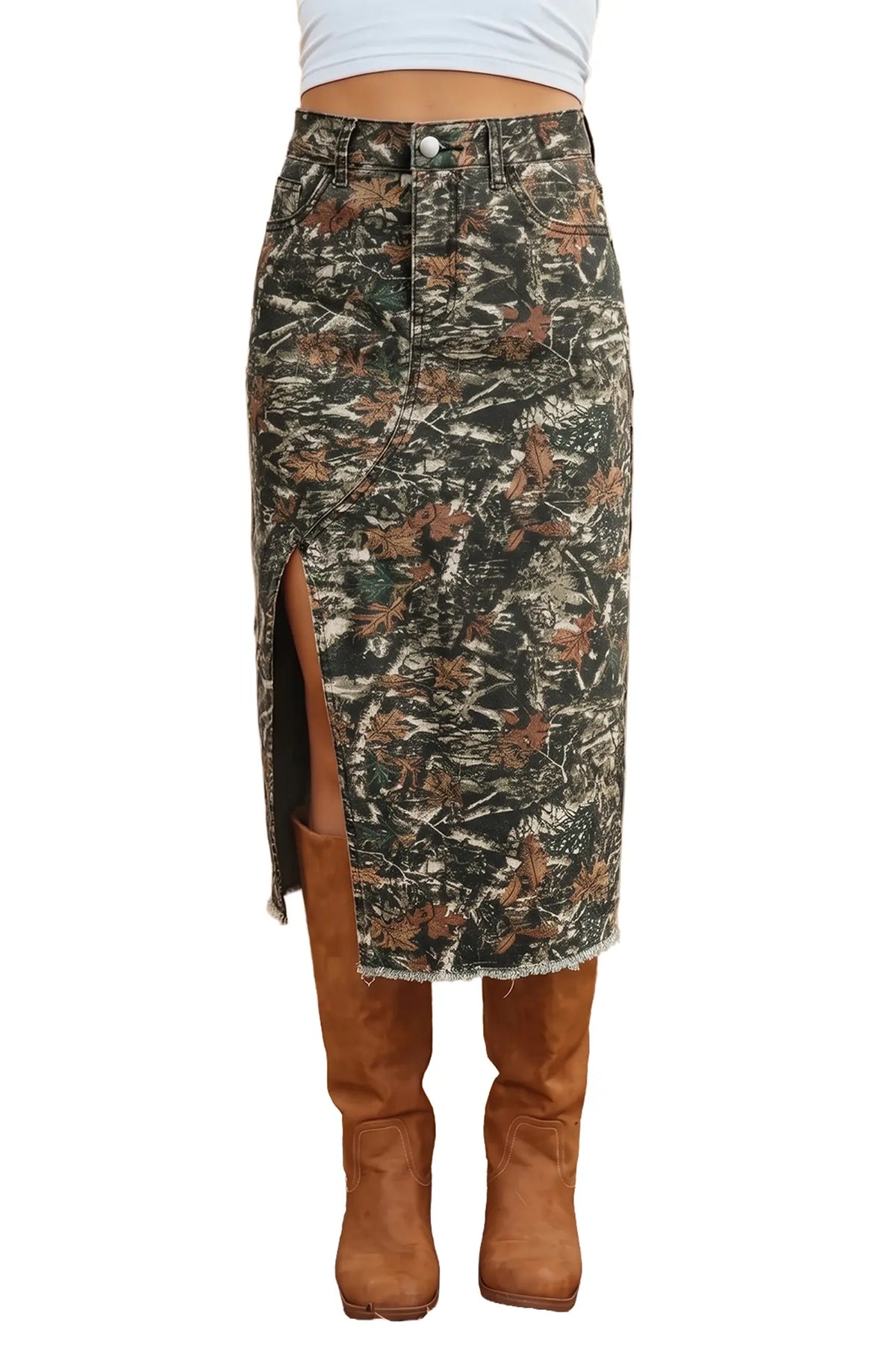 Woodland Camouflage Raw Hem Midi Skirt