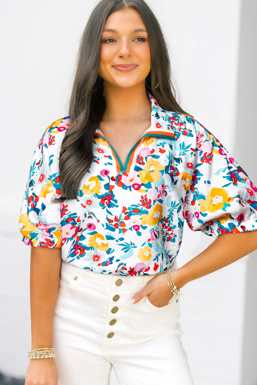 Peacock Blue Floral Print Slit V Neck Short Sleeve Blouse eAura