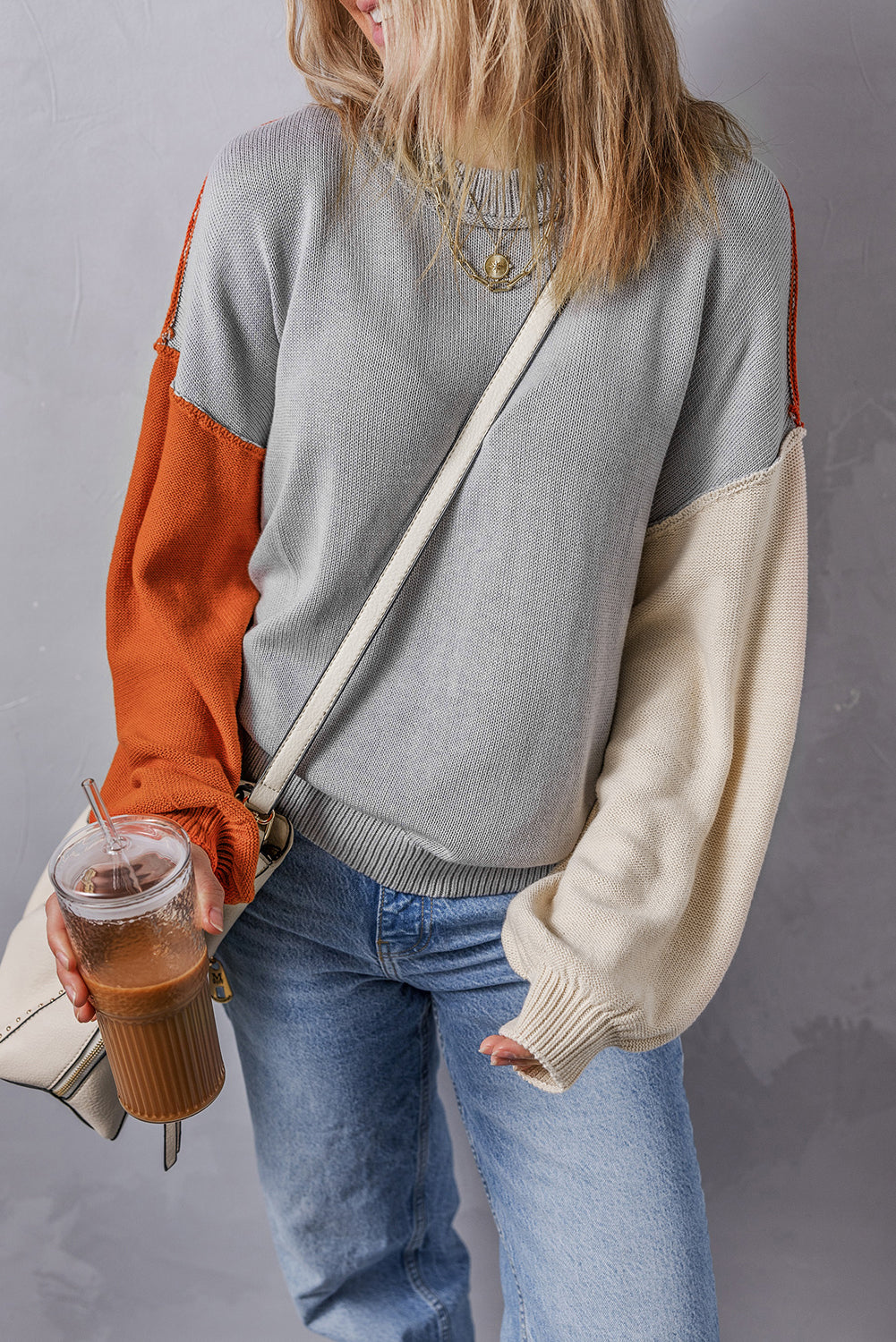 Pink Colourblock Bishop Sleeve Ribbed Trim Sweater eAura