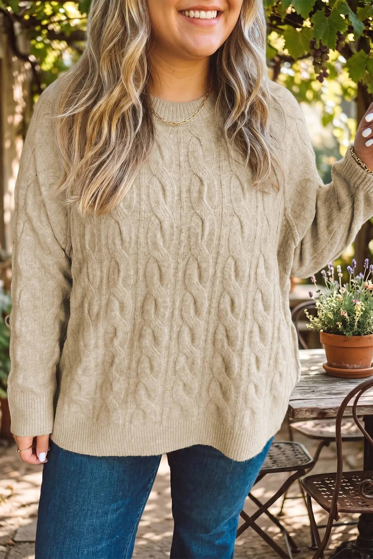 Oversized Cable Knit Long Sleeve Round Neck Tunic Length Plus Size Sweater – Parchment