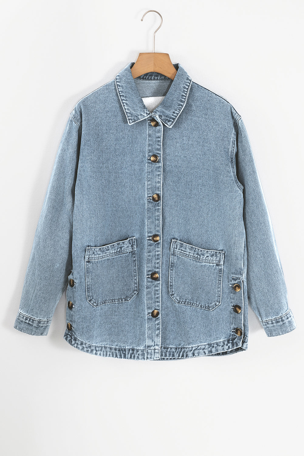 Dusk Blue Slit Buttons Pocketed Denim Jacket eAura