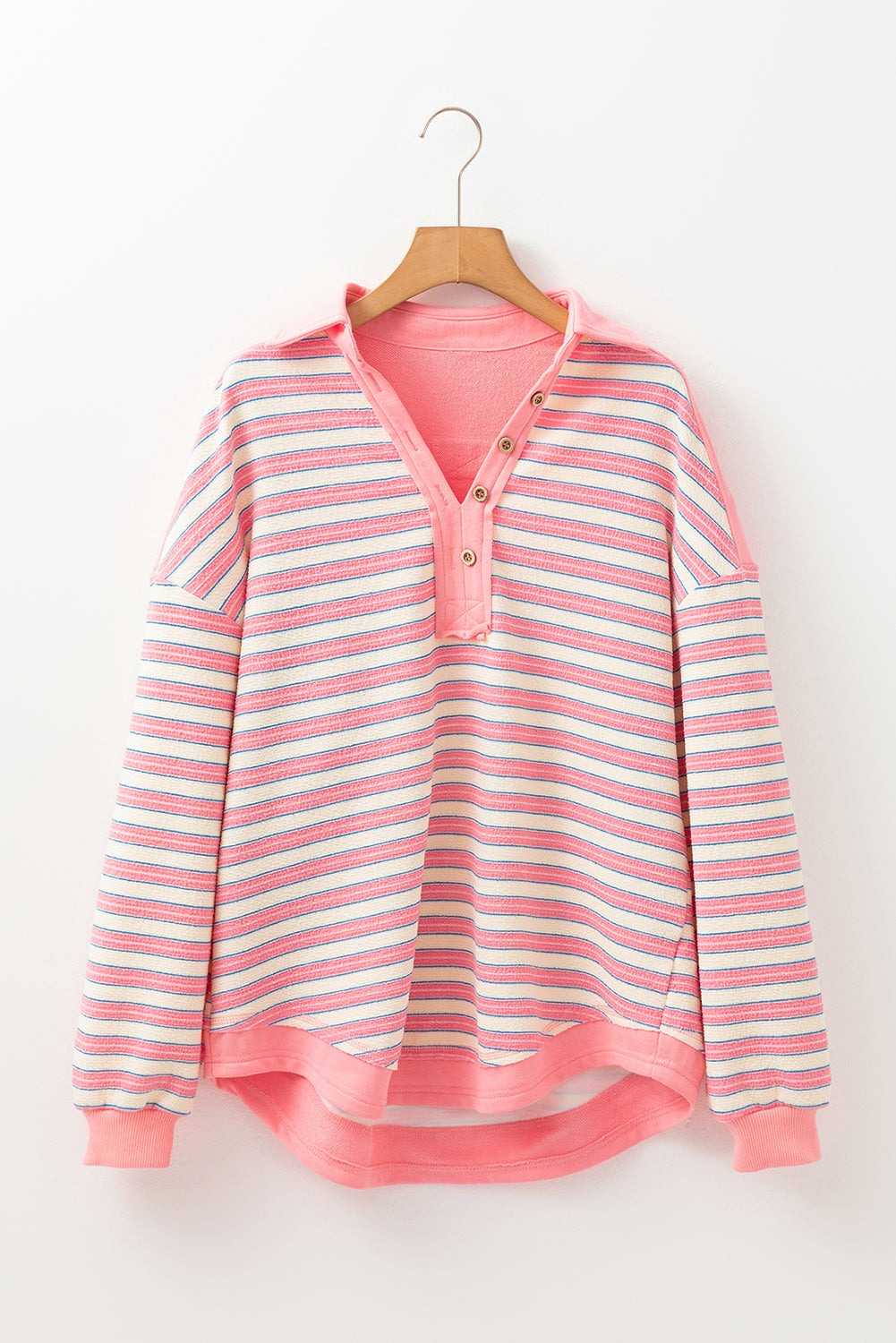 Pink Stripe Buttoned V Neck Collared Drop Shoulder Top BB Fashion Outlet